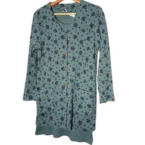LA Gal Dress 2 Piece Set Size 12 Green Blue Rose Ribbed Knit Button Vintage